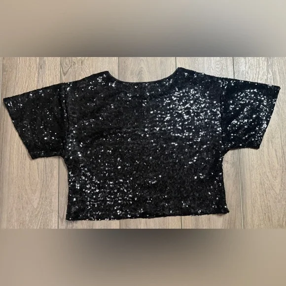 Anthropologie Black Sequin Embellished Short Sleeve Crop Top - Picture 4 of 6